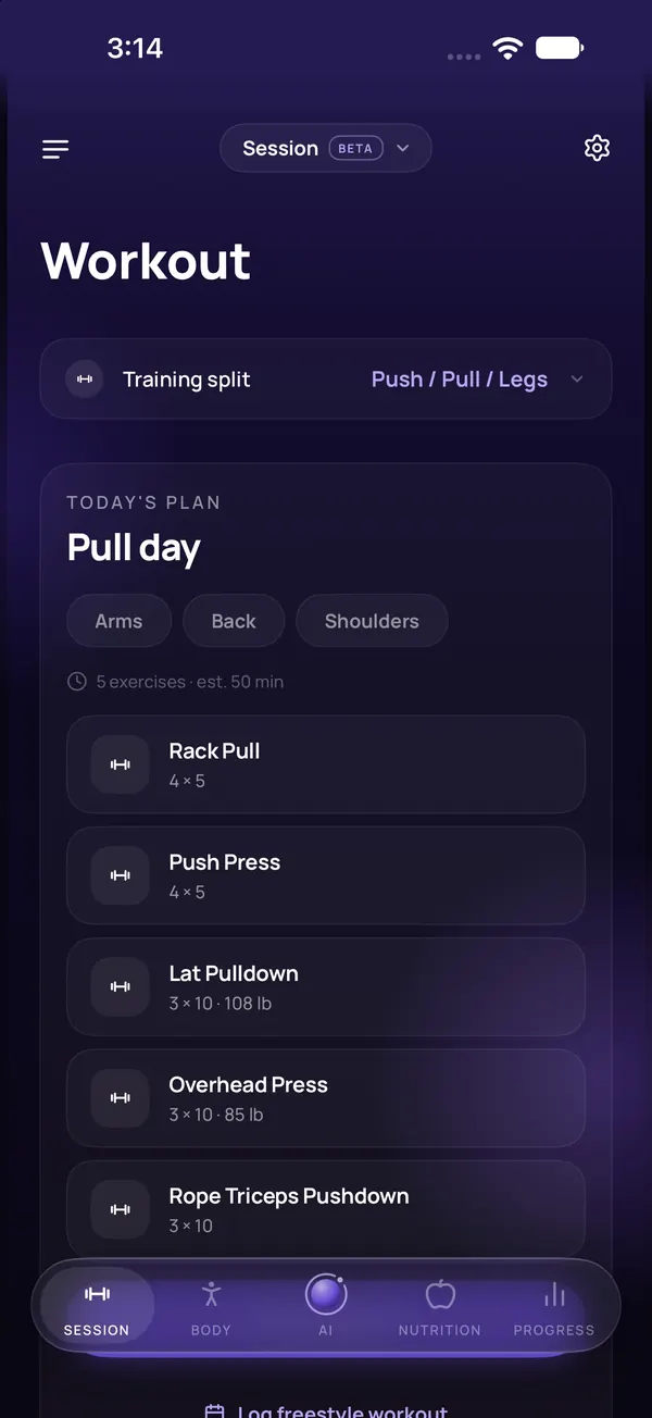 DYALD's Session tab: today's Pull day with its planned exercises